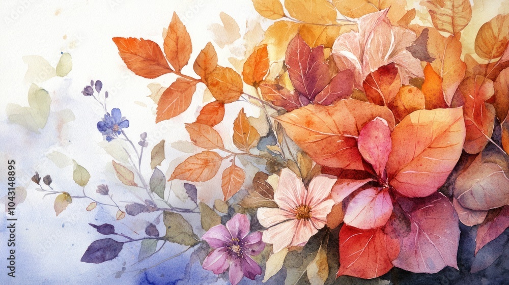 Watercolor Painting of Autumn Leaves and Flowers Watercolor Painting of Autumn Leaves and Flowers