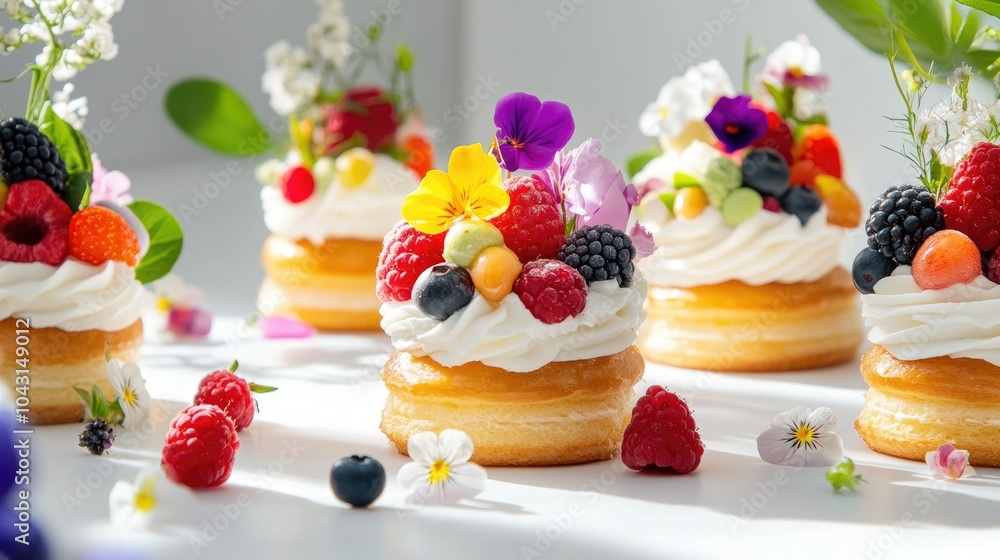 Vibrant saint honore delights adorned with fresh fruits and blossoms Vibrant saint honore delights adorned with fresh fruits and blossoms