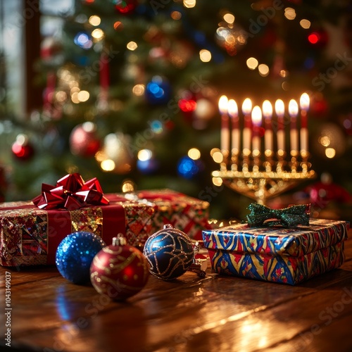 Festive Holiday Gifts with Christmas Tree and Menorah in Background photo