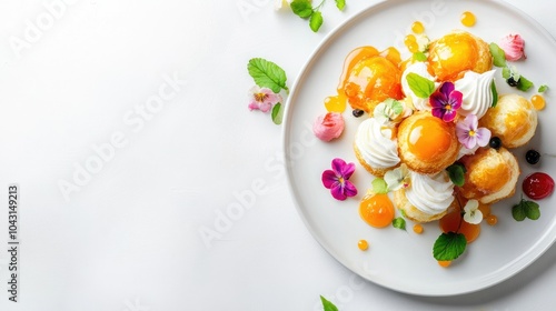 Exquisite overhead view of a colorful saint-honore cake topped with fresh fruits and flowers