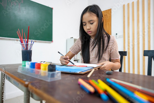 Young asian girl is using creative skill in her watercolor art class at school for education and academic development photo