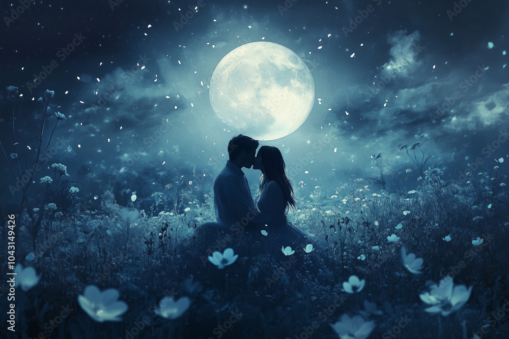 Couple sharing a midnight kiss under a dark sky Couple sharing a midnight kiss under a dark sky