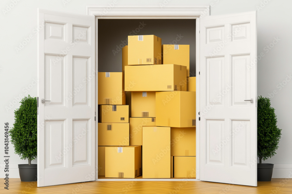 Stacked cardboard boxes inside closet with open doors. Stacked cardboard boxes inside closet with open doors.