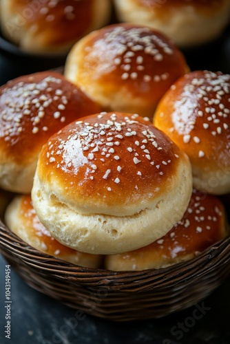 Wallpaper Mural Buttery Dinner Rolls: A basket of freshly baked, golden-brown dinner rolls, brushed with melted butter and sprinkled with sea salt, with a soft and fluffy texture visible in the close-up. Torontodigital.ca