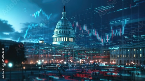 A futuristic overlay of digital stock market graphics on the Capitol Building, representing the interplay of politics and the financial world.