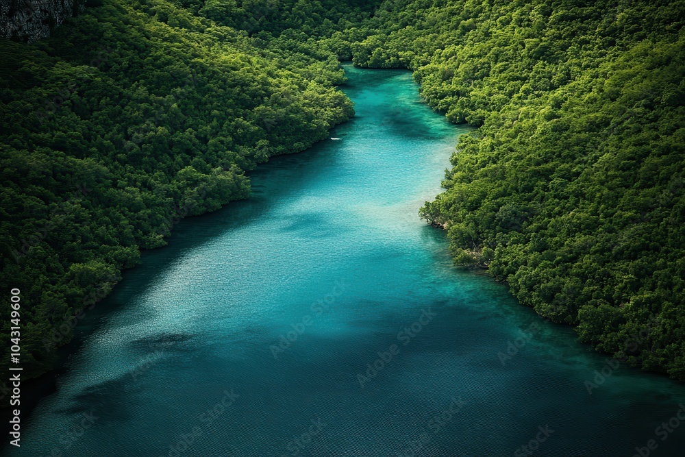A lush, green jungle surrounds a calm, teal lagoon. A lush, green jungle surrounds a calm, teal lagoon.
