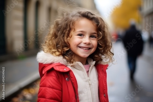 Portrait of a smiling little girl in a red jacket on the street