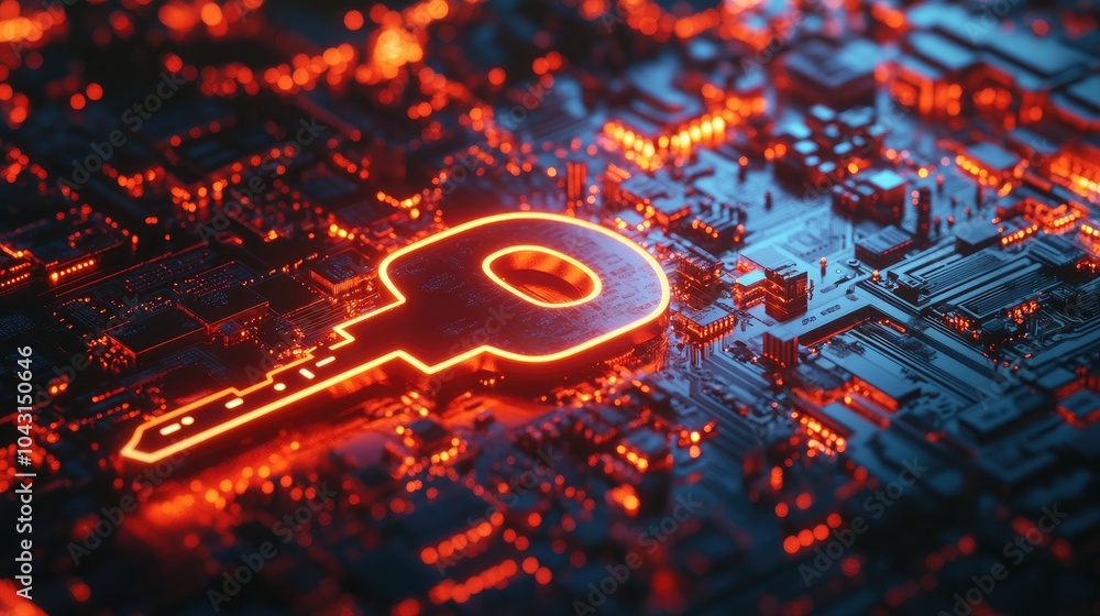 Fototapeta premium A key symbol on a glowing circuit board background, 3D rendered to convey themes of technology, security, and digital encryption.