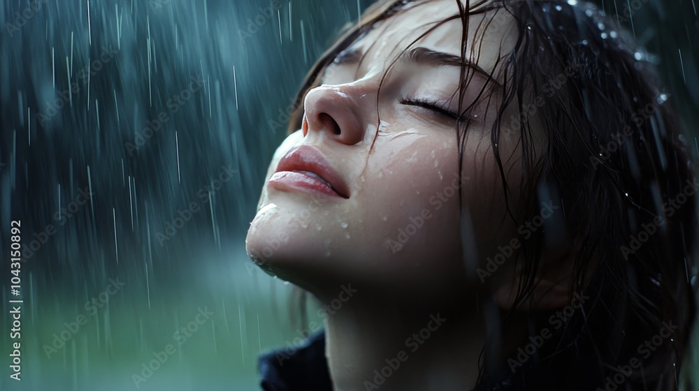 Emotional portrait of a young woman weeping in the rain, capturing her heartfelt reflection Emotional portrait of a young woman weeping in the rain, capturing her heartfelt reflection