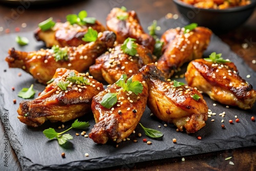 Grilled chicken wings with sesame seeds on slate plate