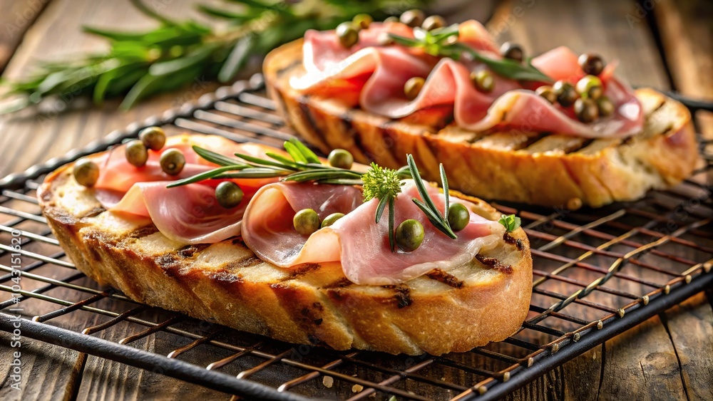 Grilled country bread with ham and capers reflected on a mirror surface Grilled country bread with ham and capers reflected on a mirror surface