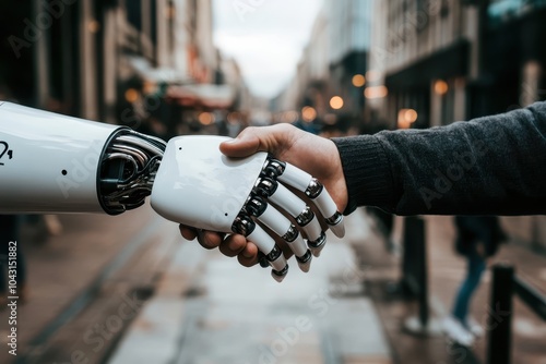 A robotic hand shakes the hand of a human, symbolizing the future of technology.