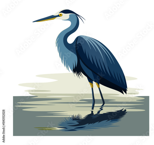 Vector illustration of a great blue heron behind a cattail bush, surrounded by water ripples. It features water birds in nature, including the great blue heron and stork outline as icons.