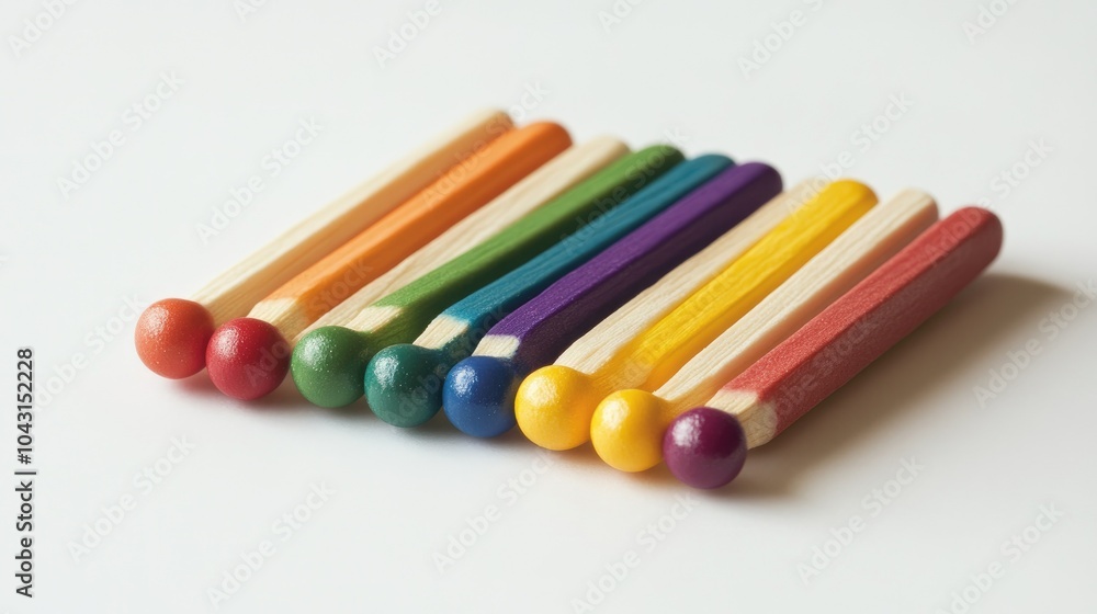 A pack of colorful matches, each with a different color tip, neatly arranged and isolated on a pristine white background. A pack of colorful matches, each with a different color tip, neatly arranged and isolated on a pristine white background.