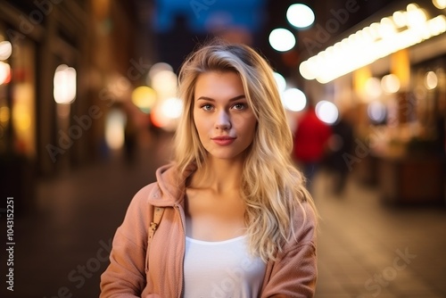 Portrait of a beautiful young blonde woman in the city at night