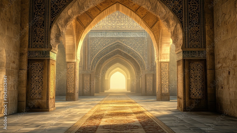 Obraz premium A peaceful Arab archway leading to a mosque, with intricate architectural patterns and soft lighting evoking a calm and spiritual atmosphere.