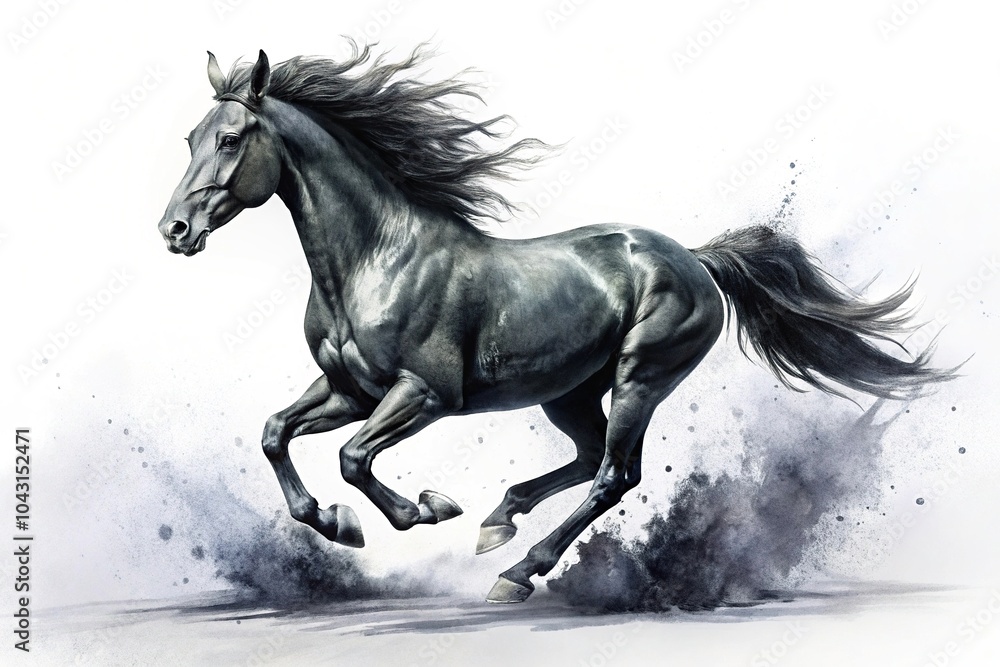 Dynamic ink painting of galloping black horse on white background point of view Dynamic ink painting of galloping black horse on white background point of view