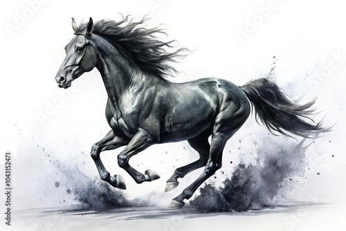 Dynamic ink painting of galloping black horse on white background point of view