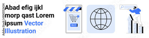 Text on the left, an online shopping cart on a smartphone in the middle, a globe, and a man analyzing graphs on the right. Ideal for e-commerce, globalization, technology, data analysis, business