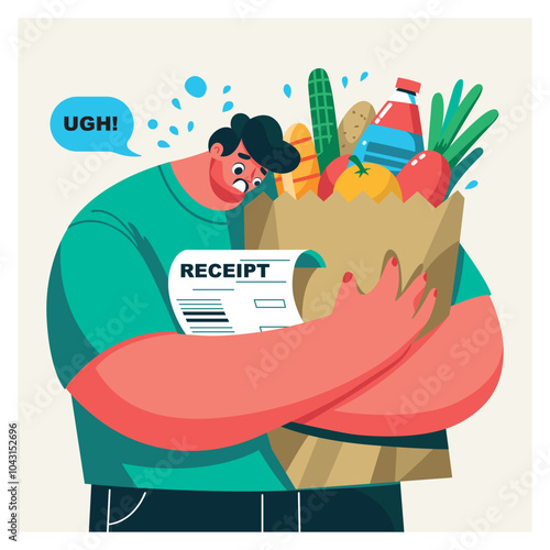 A man with a grocery bag is very upset that he spent unexpectedly a lot of money. Vector illustration in a flat style.