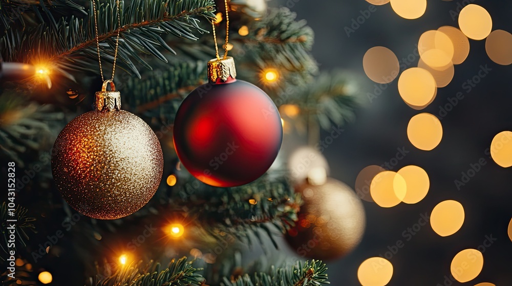 Closeup of sparkling gold christmas tree ornaments with bokeh background Closeup of sparkling gold christmas tree ornaments with bokeh background