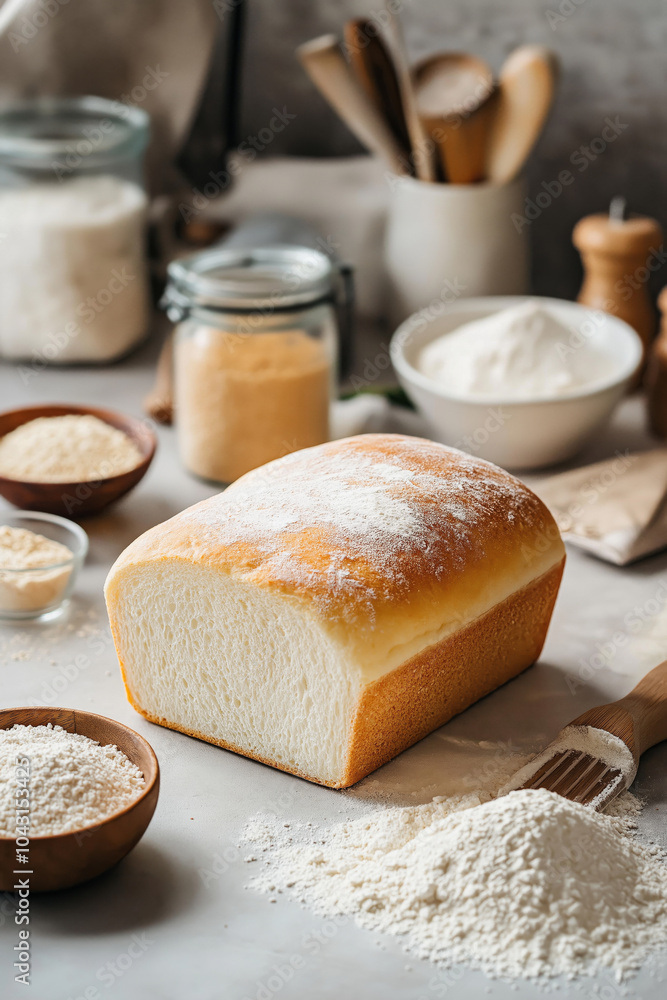 Simple white bread loaf cooling on a kitchen counter, surrounded by ingredients like flour and yeast. Simple white bread loaf cooling on a kitchen counter, surrounded by ingredients like flour and yeast.