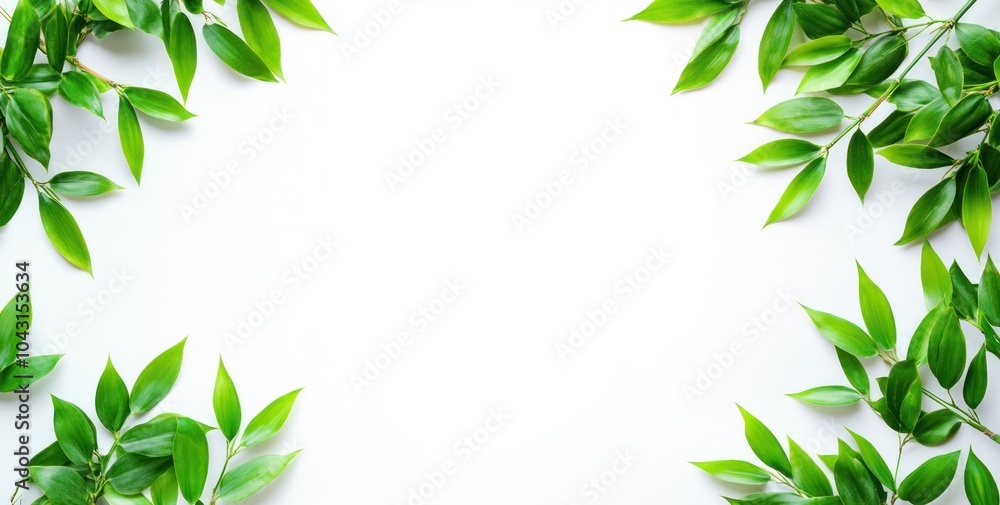 A minimalist arrangement of green leaves framing a blank white space. A minimalist arrangement of green leaves framing a blank white space.