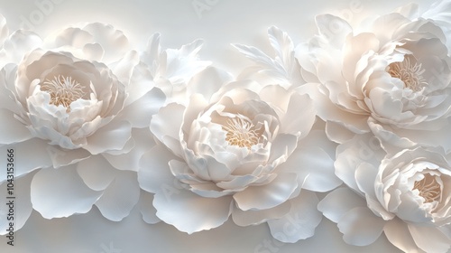 White peonies in 3D design, soft white flowers, stylish floral wallpaper, white background.
