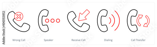 A set of 5 mix icons as wrong call, speaker, receive call