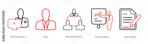 A set of 5 mix icons as working man, man, meeting room