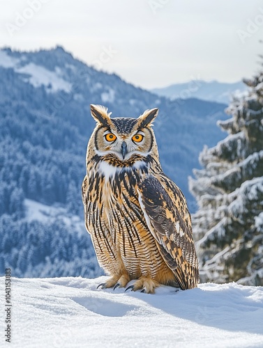 Male owl in a winter coat on a snowy mountain background.