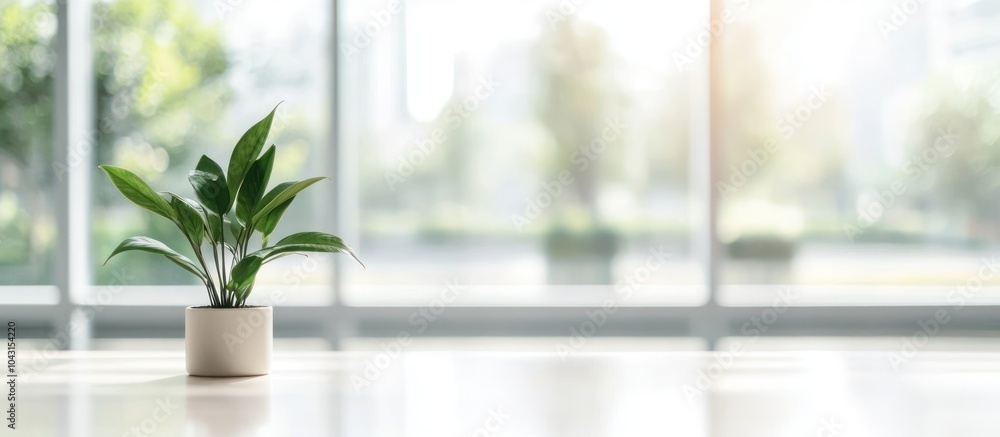 Green Plant in a White Pot on a Table by a Window Green Plant in a White Pot on a Table by a Window