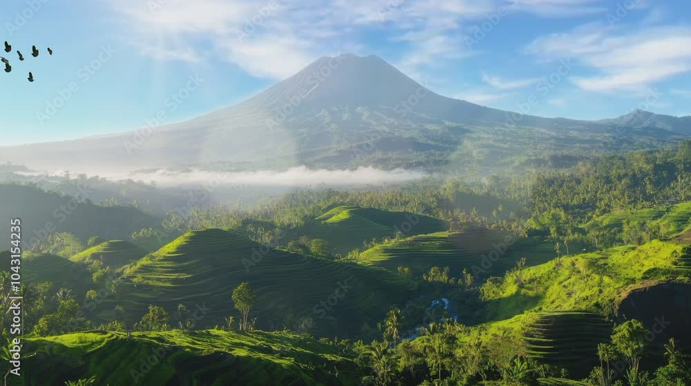 A large, light-colored volcano rises above lush green hills and valleys. Trees and clouds are visible. A large, light-colored volcano rises above lush green hills and valleys. Trees and clouds are visible.