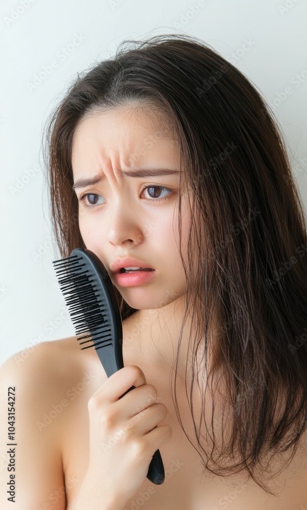抜け毛への不満:濡れた髪に櫛を持ち、心配している女性 抜け毛への不満:濡れた髪に櫛を持ち、心配している女性