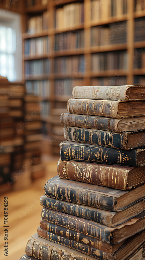 Blurred bookshelf background.Bookshelf in Library with antique books. 3d rendering.