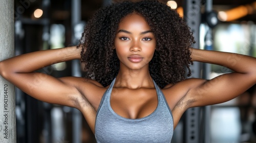 Strong Woman with Curly Hair in Gym Fitness Workout Portrait