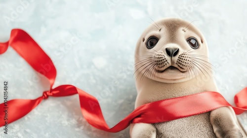 A cute seal plushie wrapped in a red ribbon, sitting on a light, textured surface, exuding a playful and charming vibe.