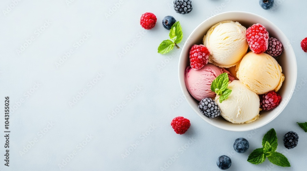 Delightful gourmet ice cream scoops with fresh berries and mint in a bowl Delightful gourmet ice cream scoops with fresh berries and mint in a bowl