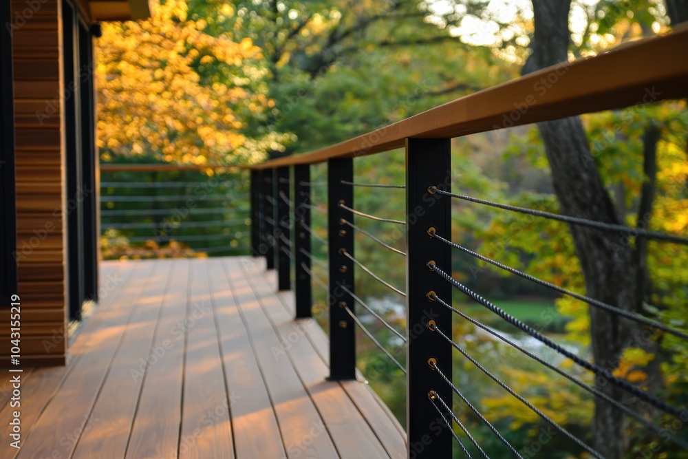 Fototapeta premium Close up of a modern wooden deck railing with cable and black metal posts.