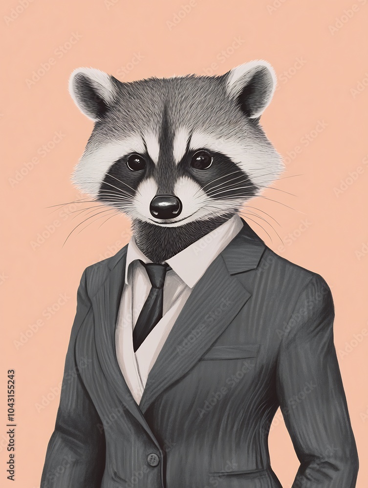 Female raccoon in a chic business suit on a soft peach background. Female raccoon in a chic business suit on a soft peach background.