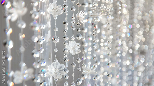 Elegant and shiny white crystal beads hanging in front of a blurred background. photo