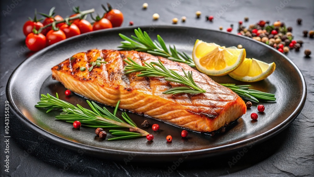 Grilled salmon steak with spices on black plate Grilled salmon steak with spices on black plate