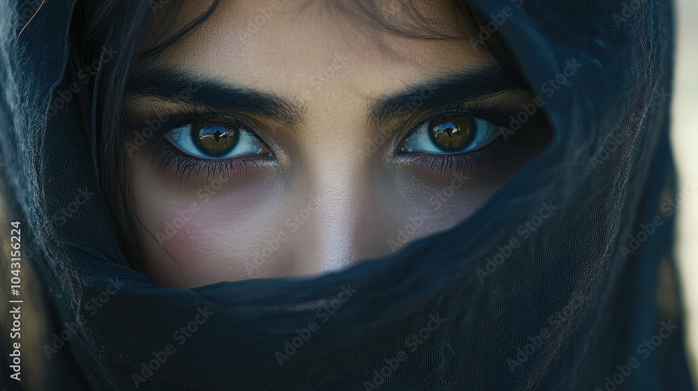 A stunning Arabic queen with a veil covering her face, revealing only her piercing, intense eyes. Her beauty and mystery are captivating. A stunning Arabic queen with a veil covering her face, revealing only her piercing, intense eyes. Her beauty and mystery are captivating.