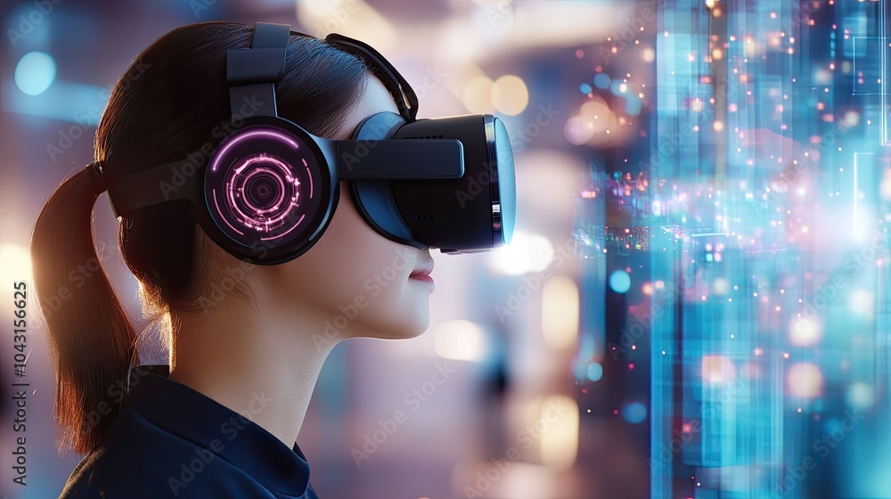 Exploring virtual reality a side view of a user immersed in digital art Exploring virtual reality a side view of a user immersed in digital art
