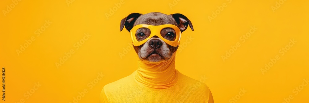 A dog wearing yellow glasses and a turtleneck against a bright yellow background. A dog wearing yellow glasses and a turtleneck against a bright yellow background.