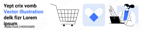 Shopping cart, heart symbol, and woman in lab coat with laptop. Ideal for e-commerce, online medical consultation, love and affection, internet services, and customer support. Banner for landing page