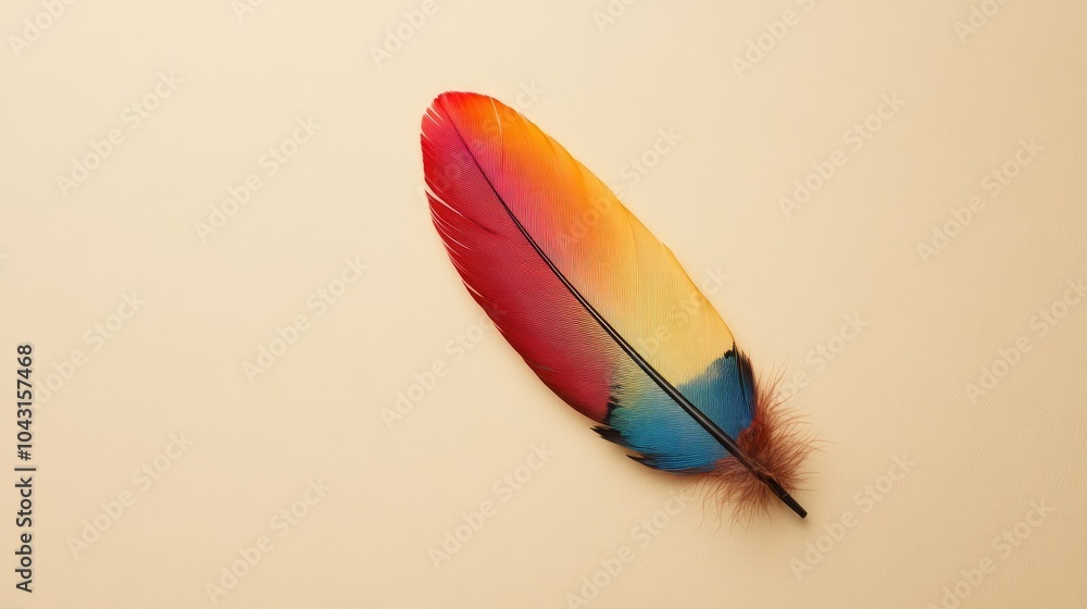 A vibrant feather with detailed colors lying on a simple minimalist background, symbolizing Indigenous pride and Nation Indigenous Peoples Day. A vibrant feather with detailed colors lying on a simple minimalist background, symbolizing Indigenous pride and Nation Indigenous Peoples Day.