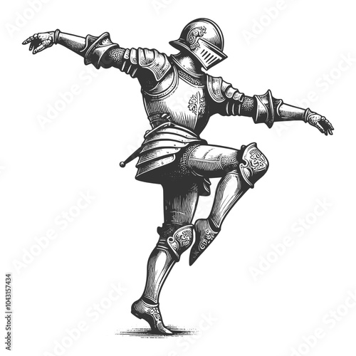 knight in full armor dancing joyfully, medieval imagery with playful, humorous elements sketch engraving generative ai vector illustration. Scratch board imitation. Black and white image.