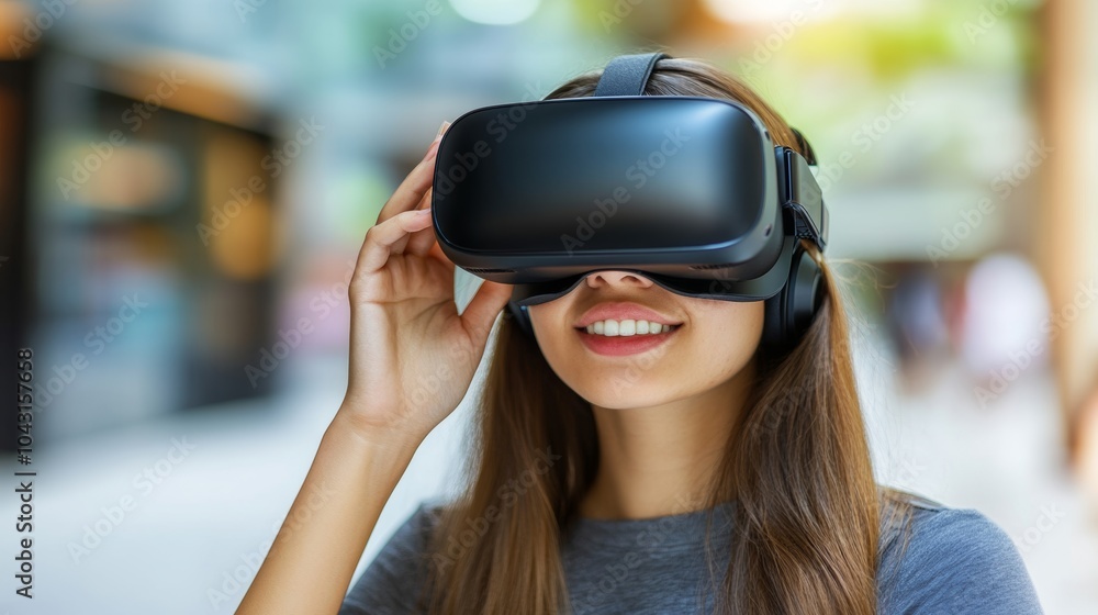 Woman Wearing Virtual Reality Headset Smiling Future Technology Concept Woman Wearing Virtual Reality Headset Smiling Future Technology Concept