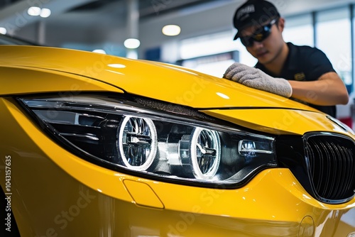 A man carefully polishes the hood of a bright yellow car. photo